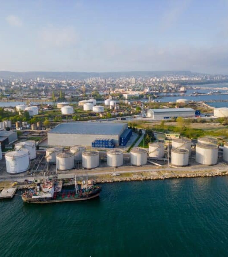 aerial view of the oil storage facility in Varna, Bulgaria. This critical infrastructure plays a
